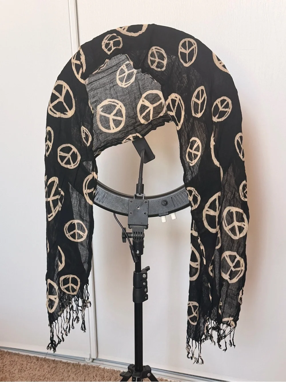 Black Peace Sign Fringe Scarf